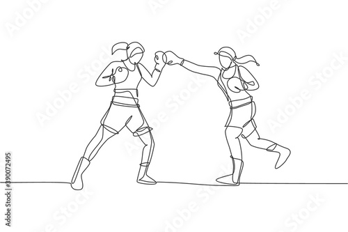 One single line drawing of two young energetic women boxer sparring fight at gym vector illustration. Sport combat training concept. Modern continuous line draw design for boxing championship banner