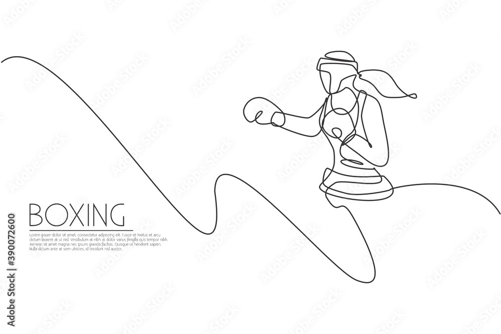 One single line drawing young energetic woman boxer launch hook punch graphic vector illustration. Sport combative training concept. Modern continuous line draw design for boxing championship banner One single line drawing young energetic woman boxer launch hook punch graphic vector illustration. Sport combative training concept. Modern continuous line draw design for boxing championship banner