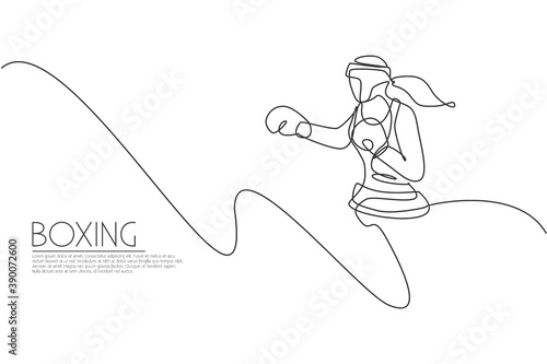 One single line drawing young energetic woman boxer launch hook punch graphic vector illustration. Sport combative training concept. Modern continuous line draw design for boxing championship banner