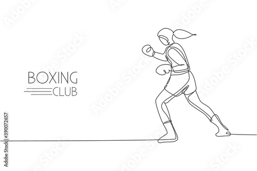 Single continuous line drawing of young agile woman boxer focus to train her hook punch. Fair combative sport concept. Trendy one line draw design vector illustration for boxing game promotion media