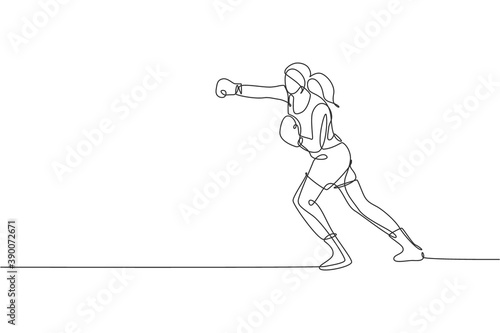 Single continuous line drawing of young agile woman boxer practice punch attack the rival. Fair combative sport concept. Trendy one line draw design vector illustration for boxing game promotion media