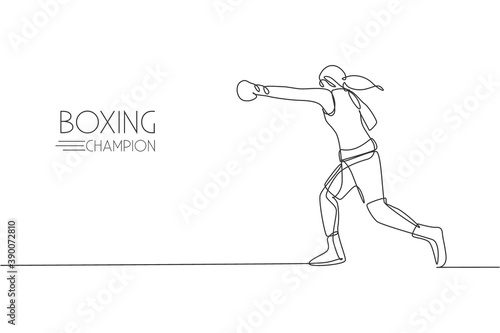 Single continuous line drawing young agile woman boxer attack with powerful punch. Fair combative sport concept. Trendy one line draw design vector graphic illustration for boxing game promotion media