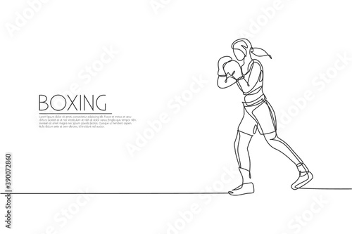 One continuous line drawing of young sporty woman boxer improve defense skill. Competitive combat sport concept. Dynamic single line draw design vector illustration for boxing match promotion poster