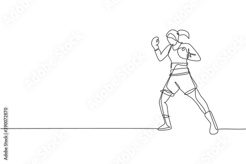 Single continuous line drawing of young agile woman boxer stance confidence at sport gym. Fair combative sport concept. Trendy one line draw design vector illustration for boxing game promotion media