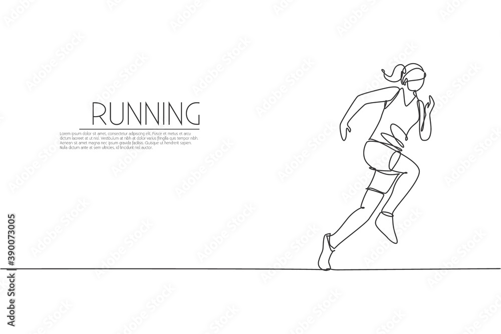 One single line drawing of young energetic woman runner focus to run fast vector illustration. Individual sports, training concept. Modern continuous line draw design for running competition banner