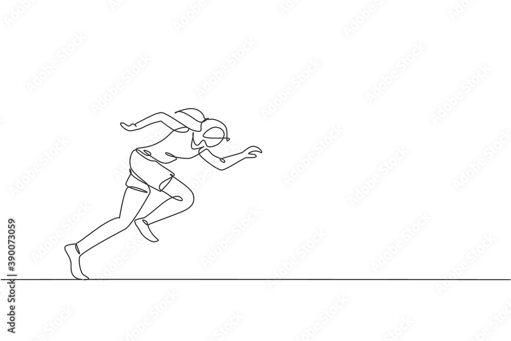 One single line drawing young energetic woman runner focus to sprint vector illustration graphic. Individual sports, training concept. Modern continuous line draw design for running competition banner