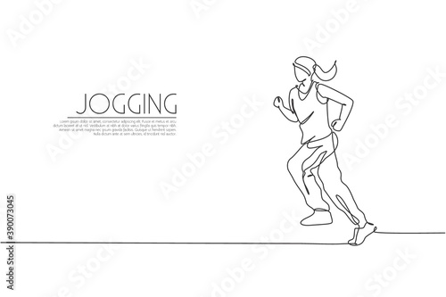 Single continuous line drawing young agile woman runner jogging run. Individual sport with competition concept. Trendy one line draw design vector graphic illustration for running tournament promotion