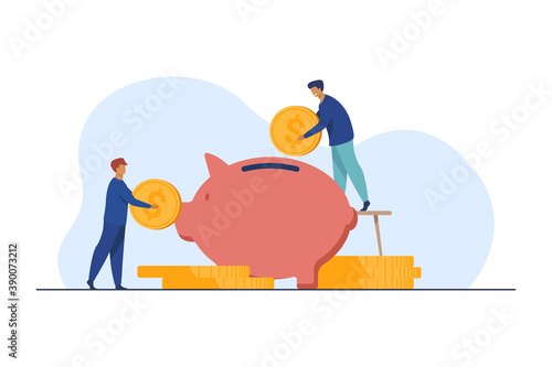 Two investors putting coins in piggybank. Bank, money, income flat vector illustration. Finance and investment concept for banner, website design or landing web page