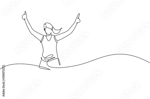 Single continuous line drawing of young agile woman runner reach finish line. Individual sport and competition concept. Trendy one line draw design vector illustration for running tournament promotion