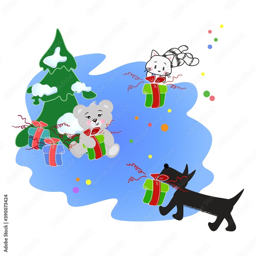 Cute little animals carry gifts of the Christmas tree. Vector new year illustration