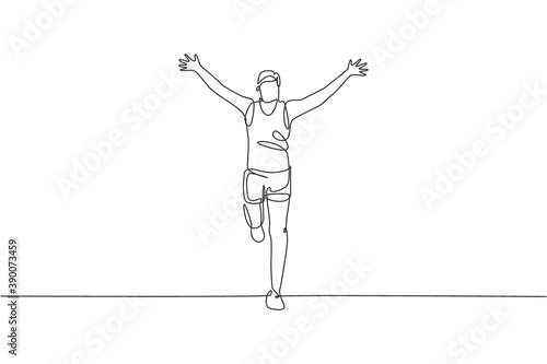 One continuous line drawing of young man athlete runner reach finish line. Individual sport, competitive concept. Dynamic single line draw design vector illustration for running competition poster