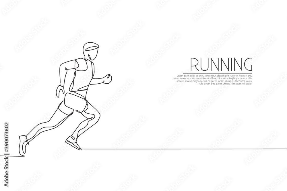 One single line drawing of young energetic man runner practice at run track vector illustration. Individual sports, training concept. Modern continuous line draw design for running competition banner