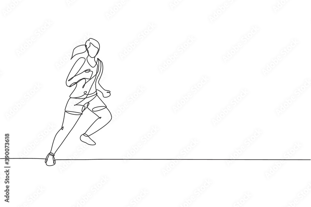 One single line drawing of young energetic woman runner run relax vector graphic illustration. Individual sports, training concept. Modern continuous line draw design for running competition banner One single line drawing of young energetic woman runner run relax vector graphic illustration. Individual sports, training concept. Modern continuous line draw design for running competition banner