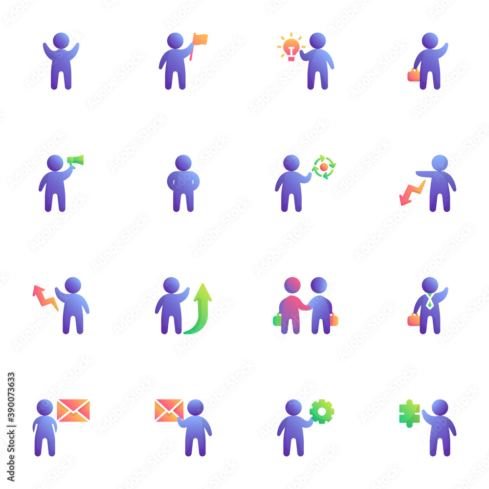 Business people collection, flat icons set, Colorful symbols pack contains - teamwork leader, partnership deal agreement, businessman with briefcase, innovation. Vector illustration. Flat style design