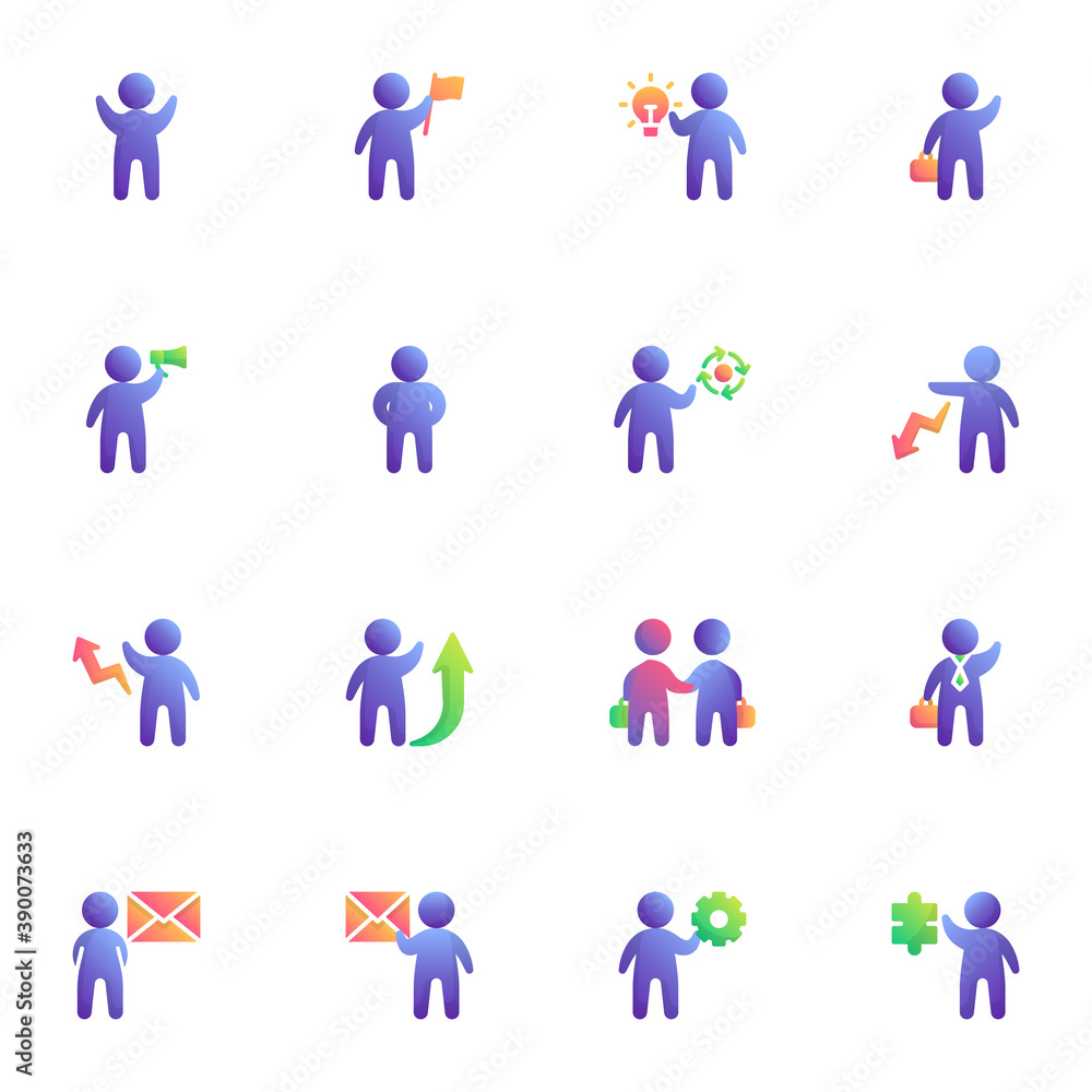 Business people collection, flat icons set, Colorful symbols pack contains - teamwork leader, partnership deal agreement, businessman with briefcase, innovation. Vector illustration. Flat style design Business people collection, flat icons set, Colorful symbols pack contains - teamwork leader, partnership deal agreement, businessman with briefcase, innovation. Vector illustration. Flat style design
