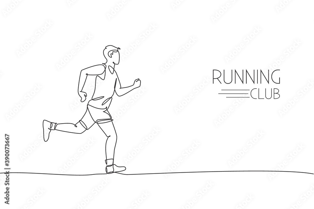Single continuous line drawing of young agile man runner running constantly. Individual sport with competition concept. Trendy one line draw design vector illustration for running tournament promotion