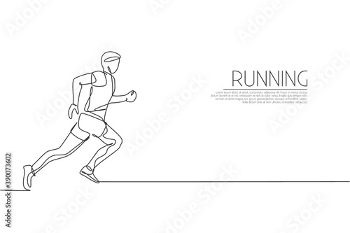 One single line drawing of young energetic man runner practice at run track vector illustration. Individual sports, training concept. Modern continuous line draw design for running competition banner