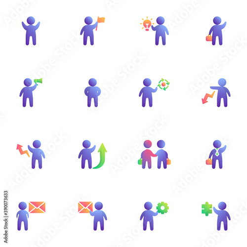 Business people collection, flat icons set, Colorful symbols pack contains - teamwork leader, partnership deal agreement, businessman with briefcase, innovation. Vector illustration. Flat style design