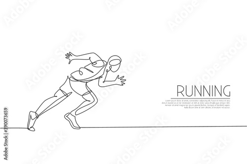 Single continuous line drawing of young agile man runner focus to sprint run. Individual sport, competition concept. Trendy one line draw design vector illustration for running tournament promotion