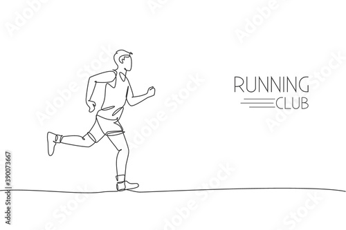 Single continuous line drawing of young agile man runner running constantly. Individual sport with competition concept. Trendy one line draw design vector illustration for running tournament promotion