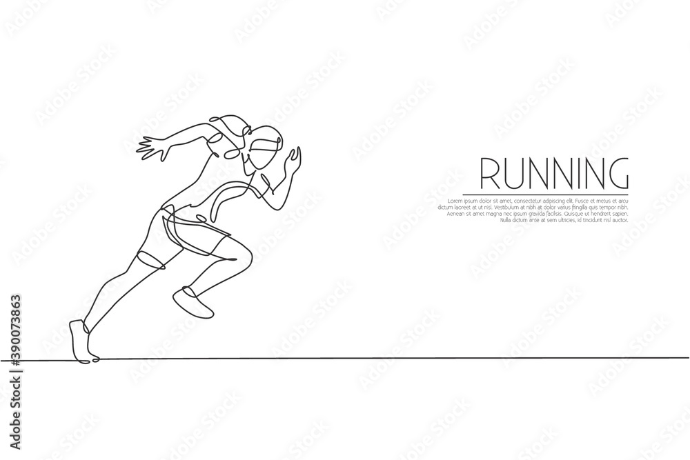 One single line drawing of young energetic woman runner focus to sprint run vector illustration. Individual sports, training concept. Modern continuous line draw design for running competition banner One single line drawing of young energetic woman runner focus to sprint run vector illustration. Individual sports, training concept. Modern continuous line draw design for running competition banner