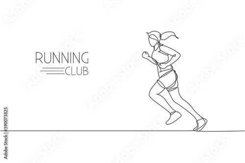 One continuous line drawing of young woman athlete runner run from side view. Individual sport, competitive concept. Dynamic single line draw design vector illustration for running competition poster