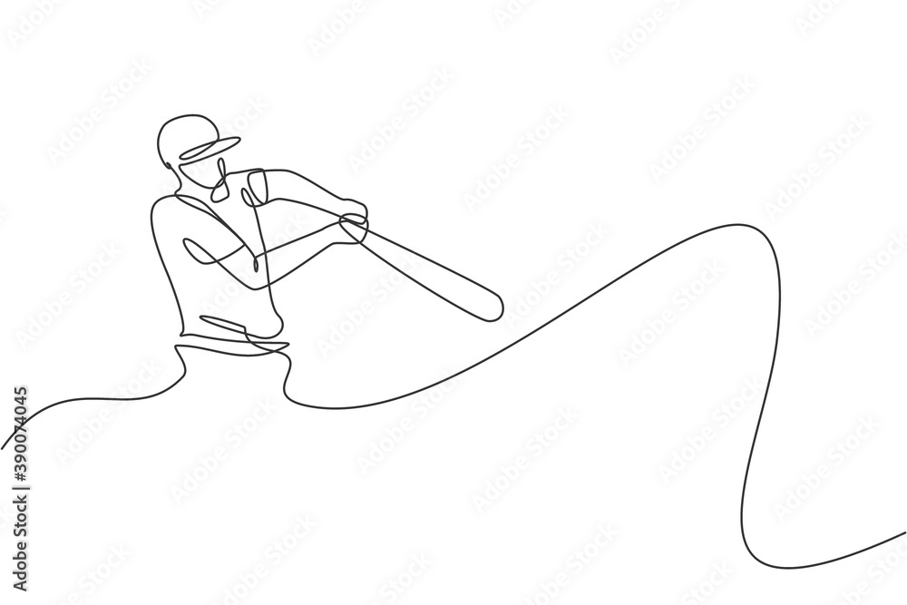 Single continuous line drawing of young agile man baseball player focus training to hit the ball. Sport exercise concept. Trendy one line draw design vector illustration for baseball promotion media Single continuous line drawing of young agile man baseball player focus training to hit the ball. Sport exercise concept. Trendy one line draw design vector illustration for baseball promotion media