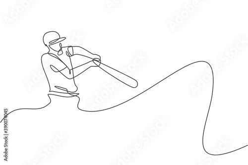 Photography Single continuous line drawing of young agile man baseball player focus training to hit the ball