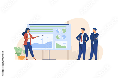 Female coach explaining statistics to businessmen. Graph, company, analysis flat vector illustration. Business and marketing concept for banner, website design or landing web page