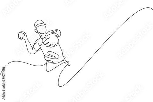 One single line drawing young energetic man baseball player throw the speed ball graphic vector illustration. Sport training concept. Modern continuous line draw design for baseball tournament banner