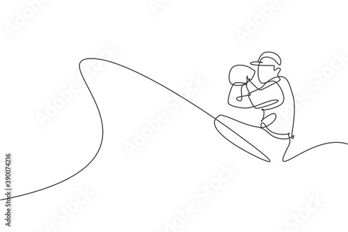 One continuous line drawing young sporty man baseball player throw the ball seriously fast. Competitive sport concept. Dynamic single line draw design graphic vector illustration for promotion poster