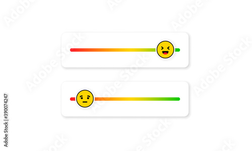 Set of slider emoji for social media. Feedback emoticon. Reviews or rating scale with emoji representing different emotions. Level of satisfaction rating. Customer overview.