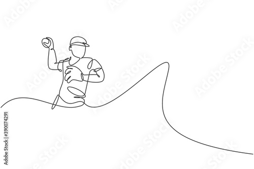 One single line drawing of young energetic man baseball pitcher train to throw the ball vector illustration. Sport training concept. Modern continuous line draw design for baseball tournament banner