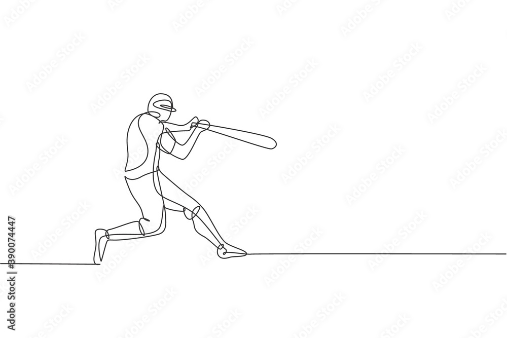 One continuous line drawing of young sporty man baseball player practice to hit the ball. Competitive sport concept. Dynamic single line draw design graphic vector illustration for promotion poster