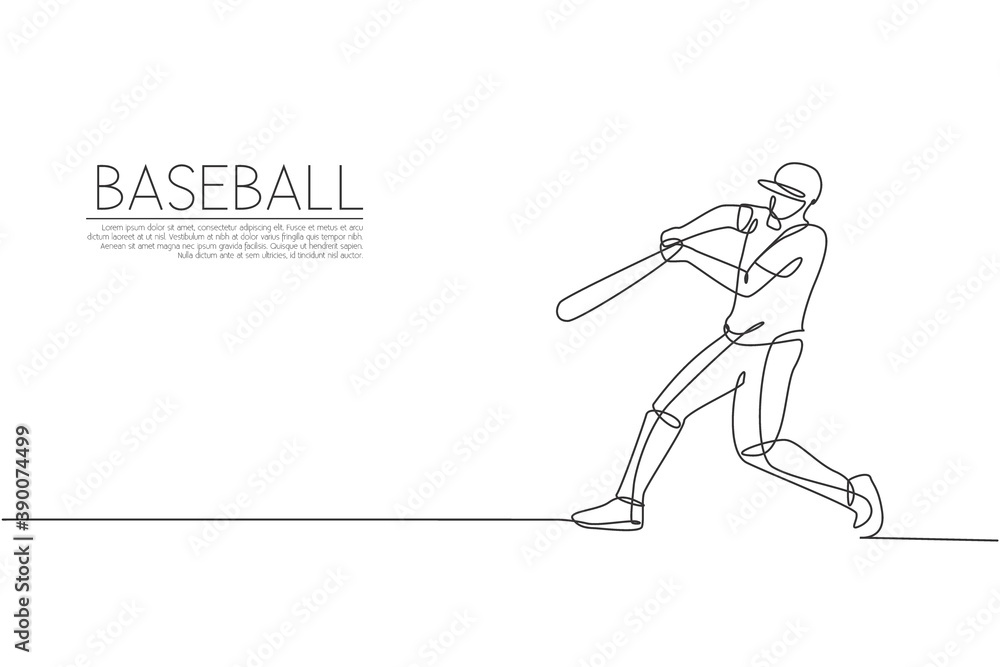 Single continuous line drawing of young agile man baseball player practice to hit ball at field. Sport exercise concept. Trendy one line draw design vector illustration for baseball promotion media Single continuous line drawing of young agile man baseball player practice to hit ball at field. Sport exercise concept. Trendy one line draw design vector illustration for baseball promotion media