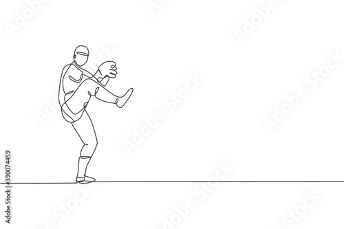 One single line drawing of young energetic man baseball player practice to throw the ball vector illustration. Sport training concept. Modern continuous line draw design for baseball tournament banner