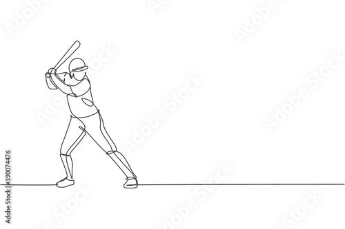 Photography Single continuous line drawing of young agile man baseball player ready to hit the ball