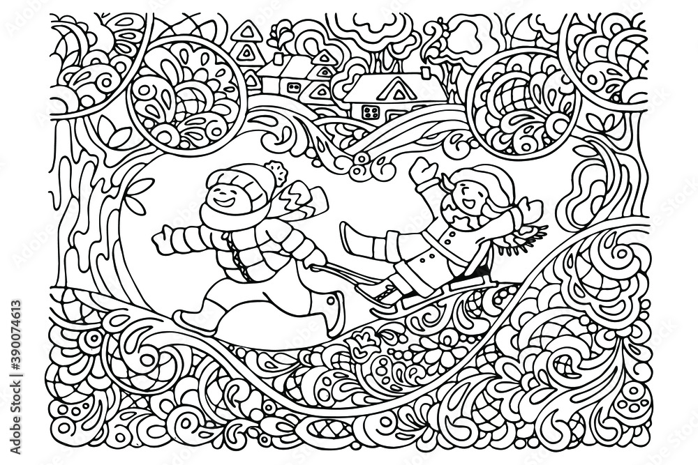 coloring book, cheerful boy rolls a girl in a sleigh, winter, winter patterns, for children, for adults, vector illustration