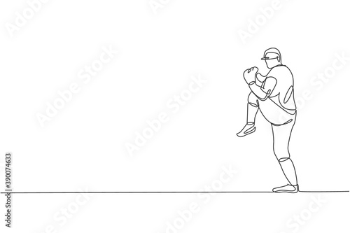 One continuous line drawing of young sporty man baseball pitcher practice to hit the ball. Competitive sport concept. Dynamic single line draw design vector illustration graphic for promotion poster