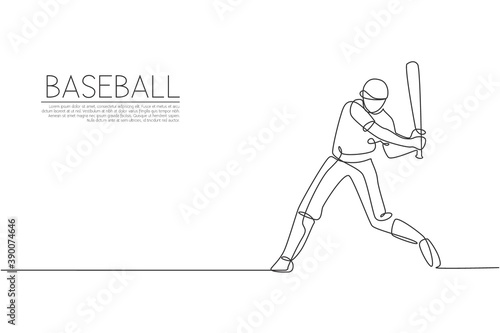 Single continuous line drawing of young agile man baseball player practice to hit the ball. Sport exercise concept. Trendy one line draw design graphic vector illustration for baseball promotion media