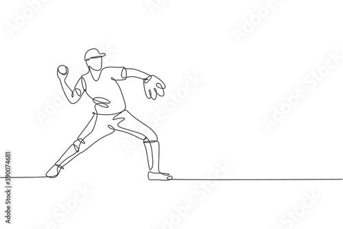 One single line drawing of young energetic man baseball player practice to throw the ball vector illustration. Sport training concept. Modern continuous line draw design for baseball tournament banner © Simple Line