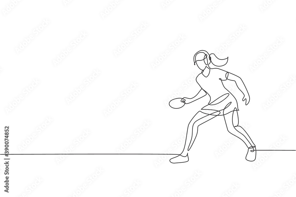 Single continuous line drawing of young agile woman table tennis player hold the ball. Sport exercise concept. Trendy one line draw design vector illustration for ping pong tournament promotion media
