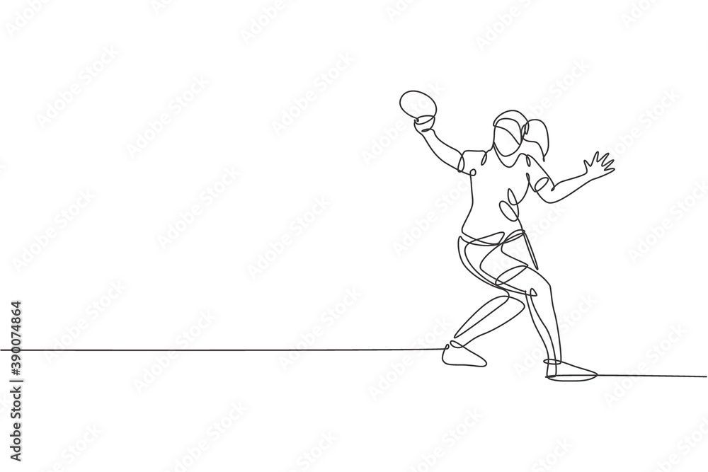 One continuous line drawing of young sporty woman table tennis player hit the ball. Competitive sport concept. Single line draw design graphic vector illustration for ping pong championship poster