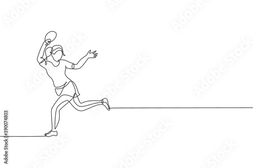 One continuous line drawing of young sporty woman table tennis player active to catch the ball. Competitive sport concept. Single line draw design vector illustration for ping pong championship poster