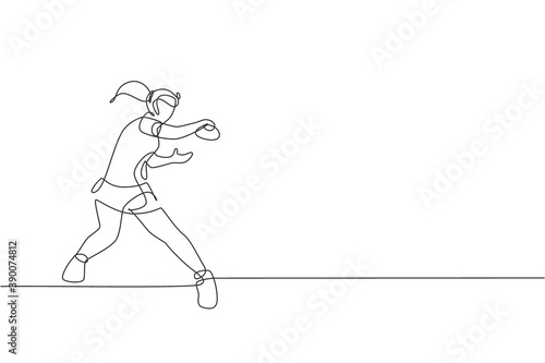 Single continuous line drawing of young agile woman table tennis player hit the ball. Sport exercise concept. Trendy one line draw design vector illustration for ping pong tournament promotion media