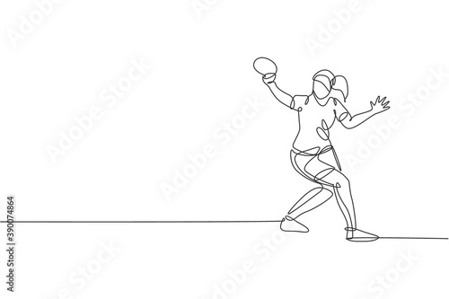 One continuous line drawing of young sporty woman table tennis player hit the ball. Competitive sport concept. Single line draw design graphic vector illustration for ping pong championship poster
