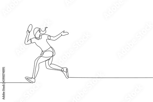 One single line drawing of young energetic woman table tennis player run to catch ball vector illustration. Sport training concept. Modern continuous line draw design for ping pong tournament banner