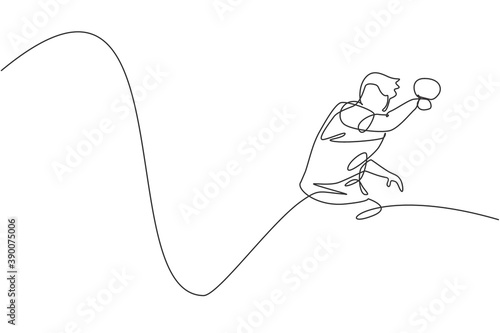 Single continuous line drawing of young agile man table tennis player hit the ball. Sport exercise concept. Trendy one line draw design vector illustration for ping pong tournament promotion media