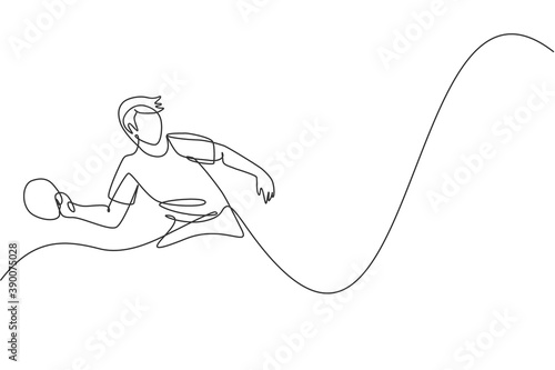 One continuous line drawing of young sporty man table tennis player practice hitting the ball. Competitive sport concept. Single line draw design vector illustration for ping pong championship poster