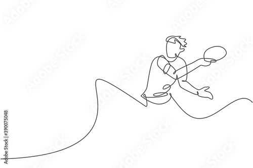 One single line drawing of young energetic man table tennis player ready to hit the ball vector illustration. Sport training concept. Modern continuous line draw design for ping pong tournament banner